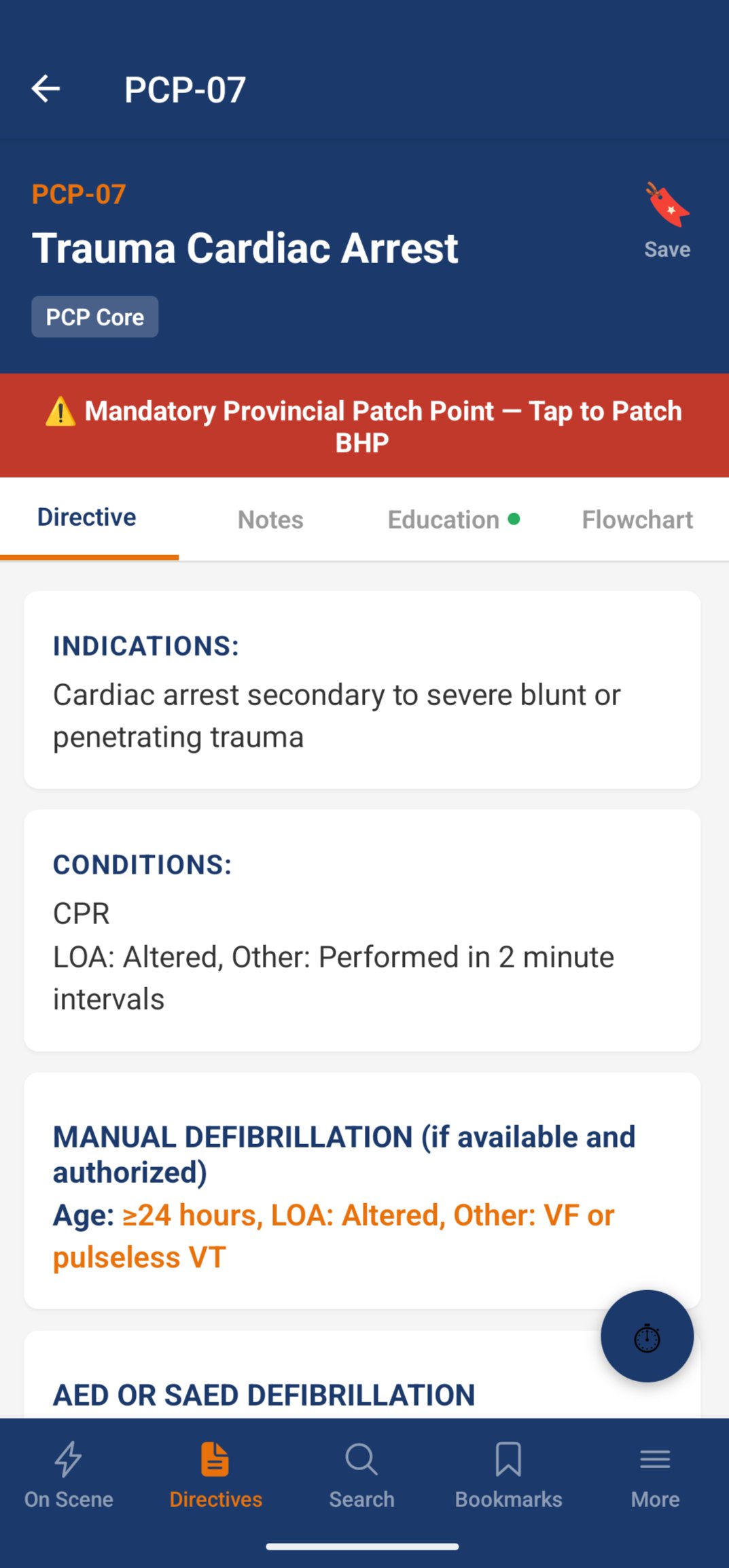 MedicAi PCP-07 directive detail with mandatory patch banner and Directive, Notes, Education, Flowchart tabs