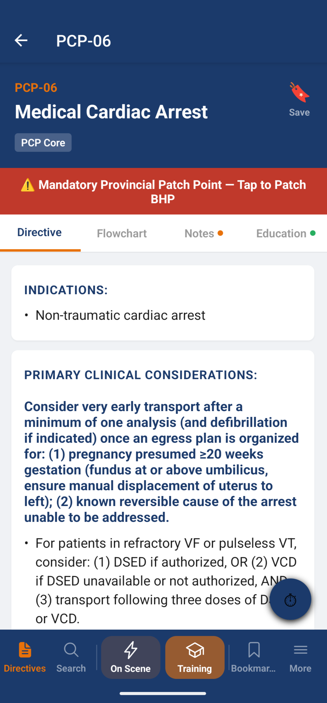 SceneWise PCP-06 Medical Cardiac Arrest directive with a mandatory patch banner and Directive, Flowchart, Notes and Education tabs