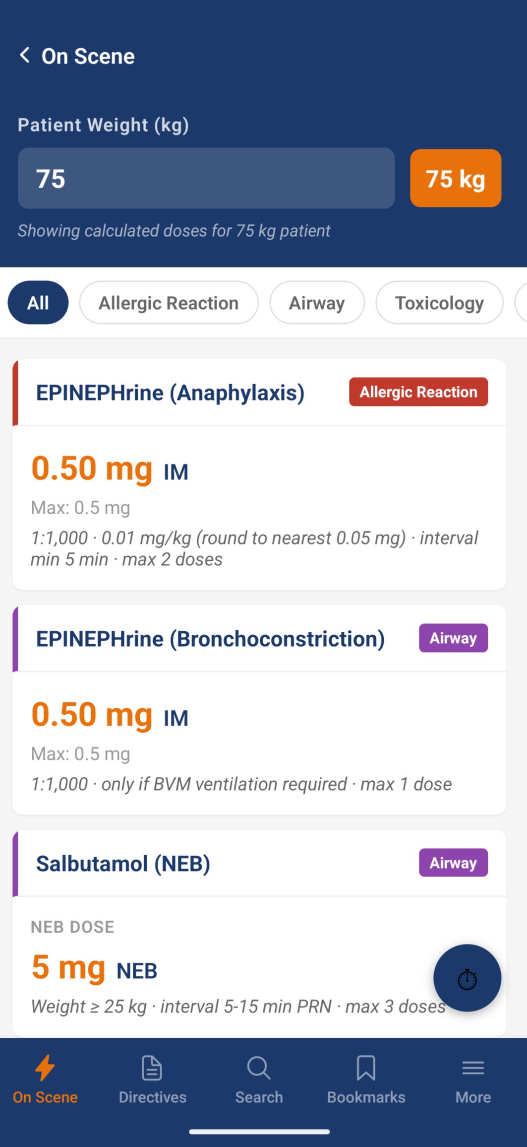MedicAi weight-based dose calculator showing calculated drug doses for a 75 kg patient