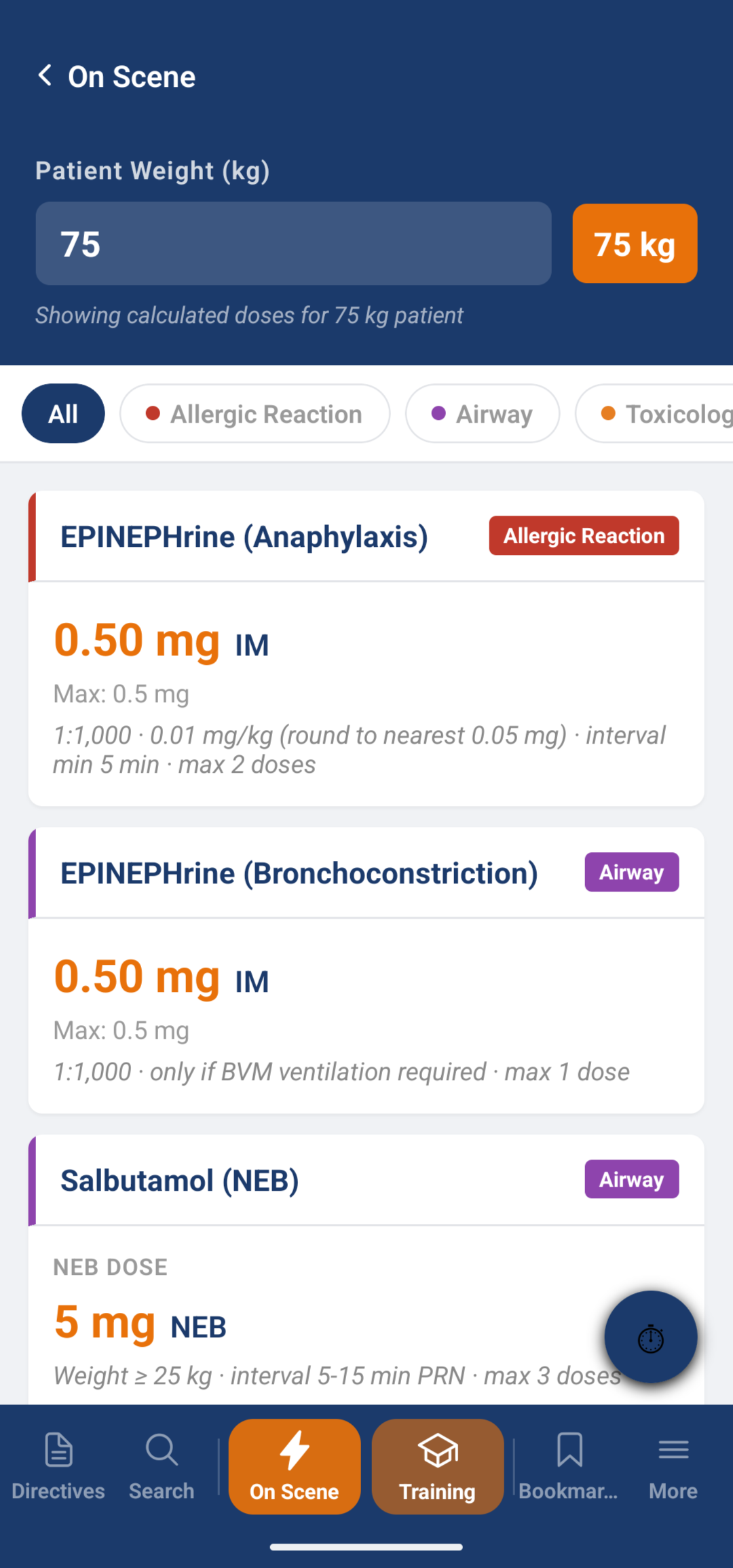 SceneWise weight-based dose calculator showing calculated doses for a 75 kg patient