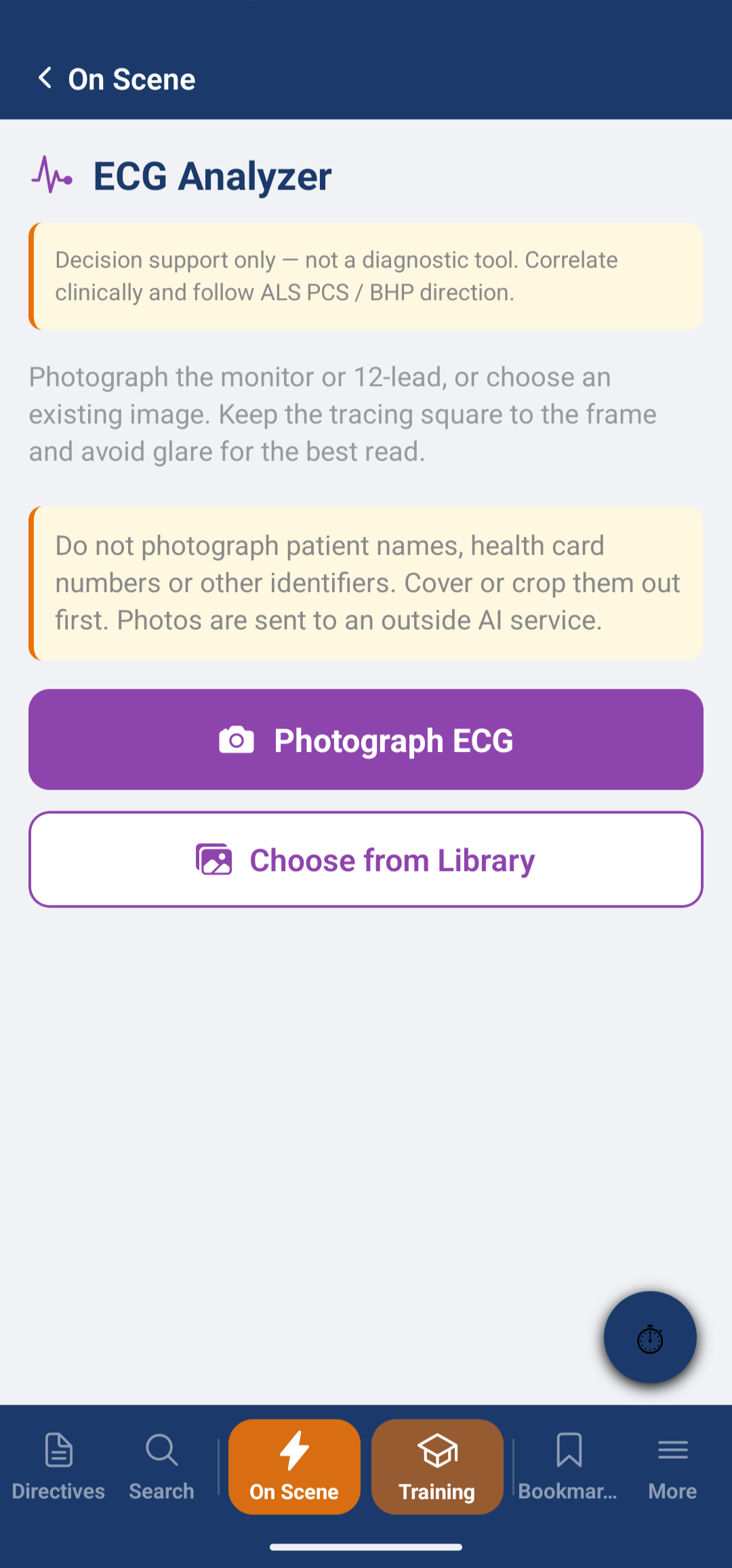 SceneWise ECG Analyzer screen with a decision-support-only notice and a warning not to photograph patient identifiers