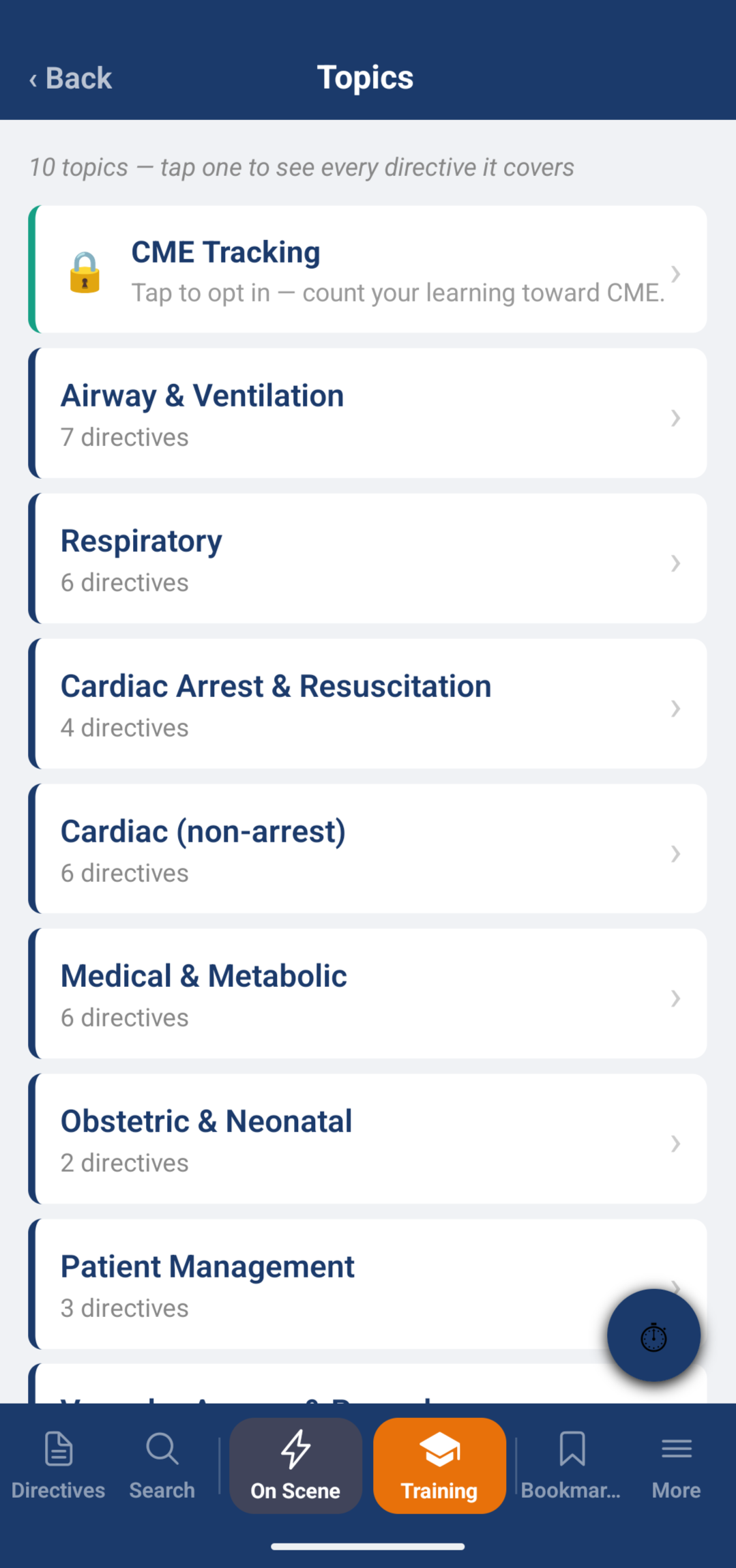 SceneWise Learn topics list showing ten clinical topics and an optional CME tracking entry