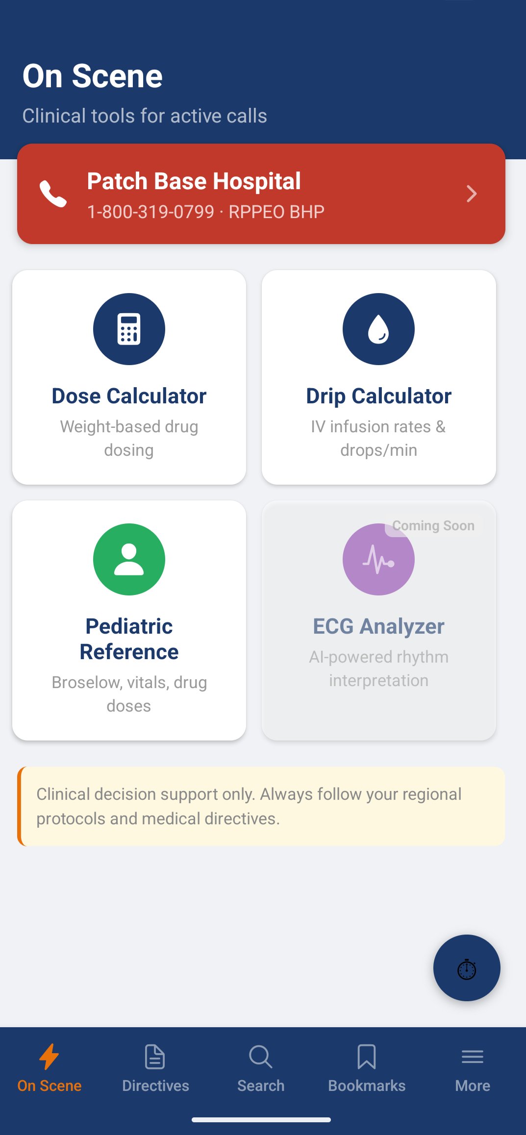 MedicAi On Scene tab with one-tap clinical tools and base hospital patch button