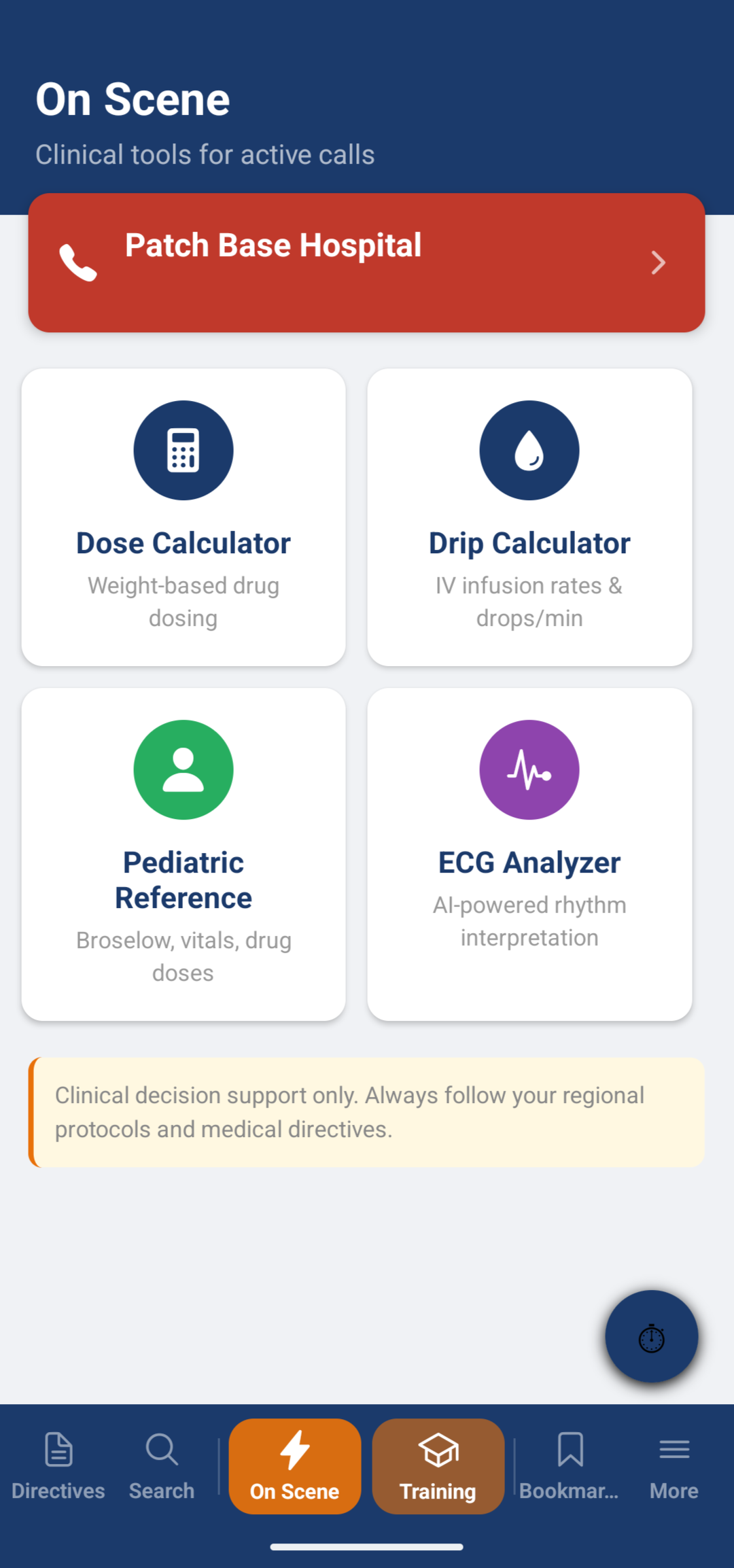 SceneWise On Scene tab with dose calculator, drip calculator, pediatric reference, ECG Analyzer and a patch base hospital button