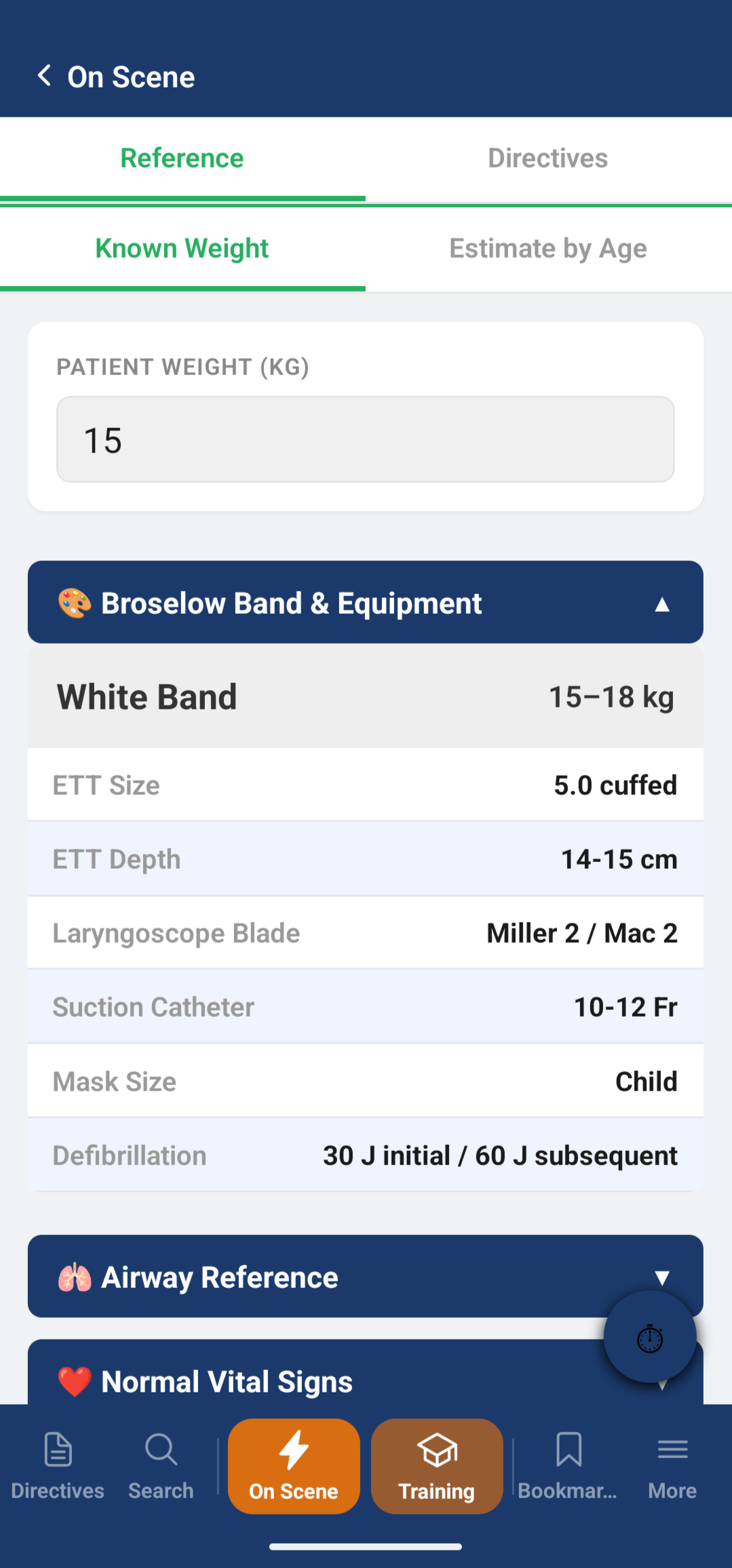 SceneWise pediatric reference showing the Broselow band and equipment sizes for a 15 kg patient