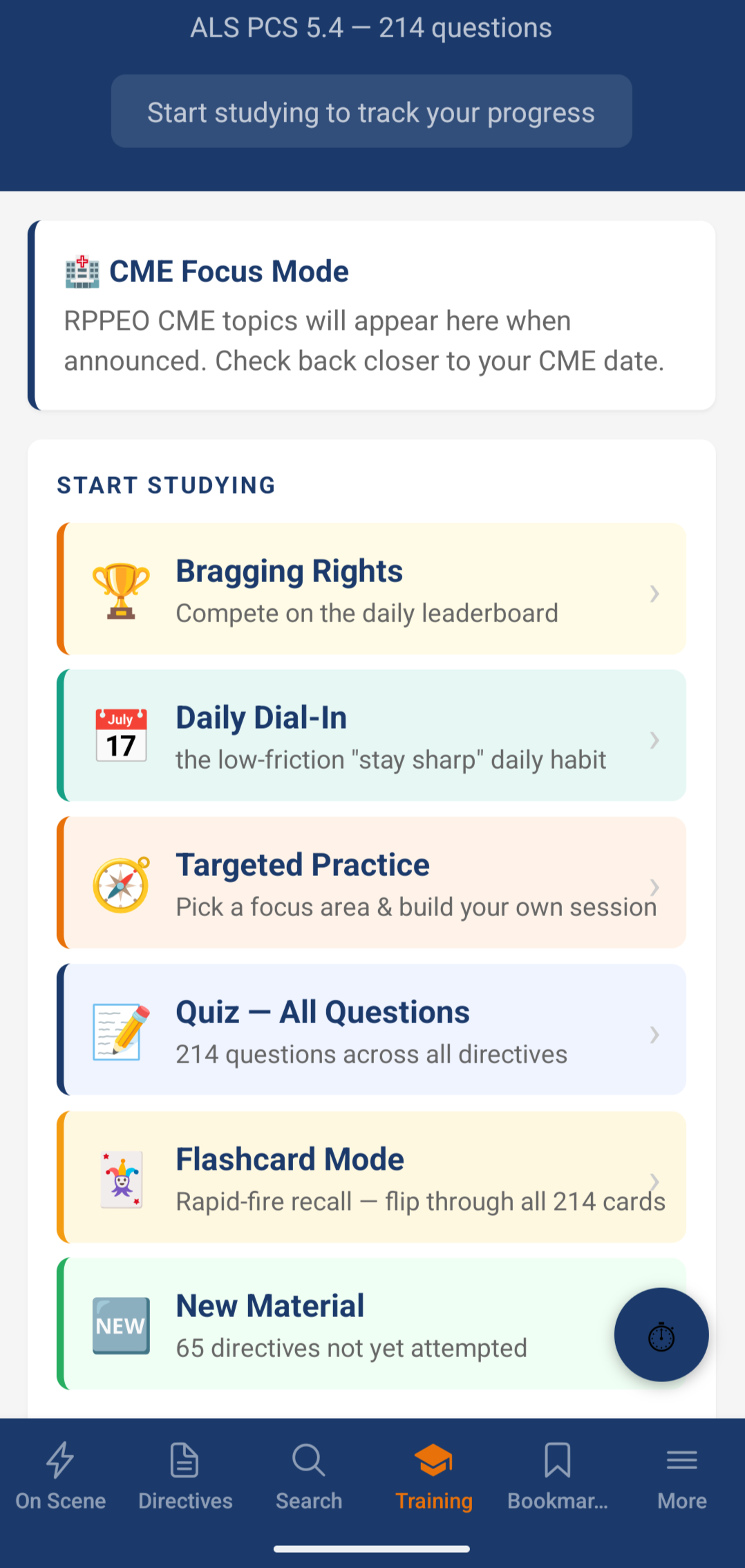 MedicAi training module showing quiz, flashcard, and progress tracking