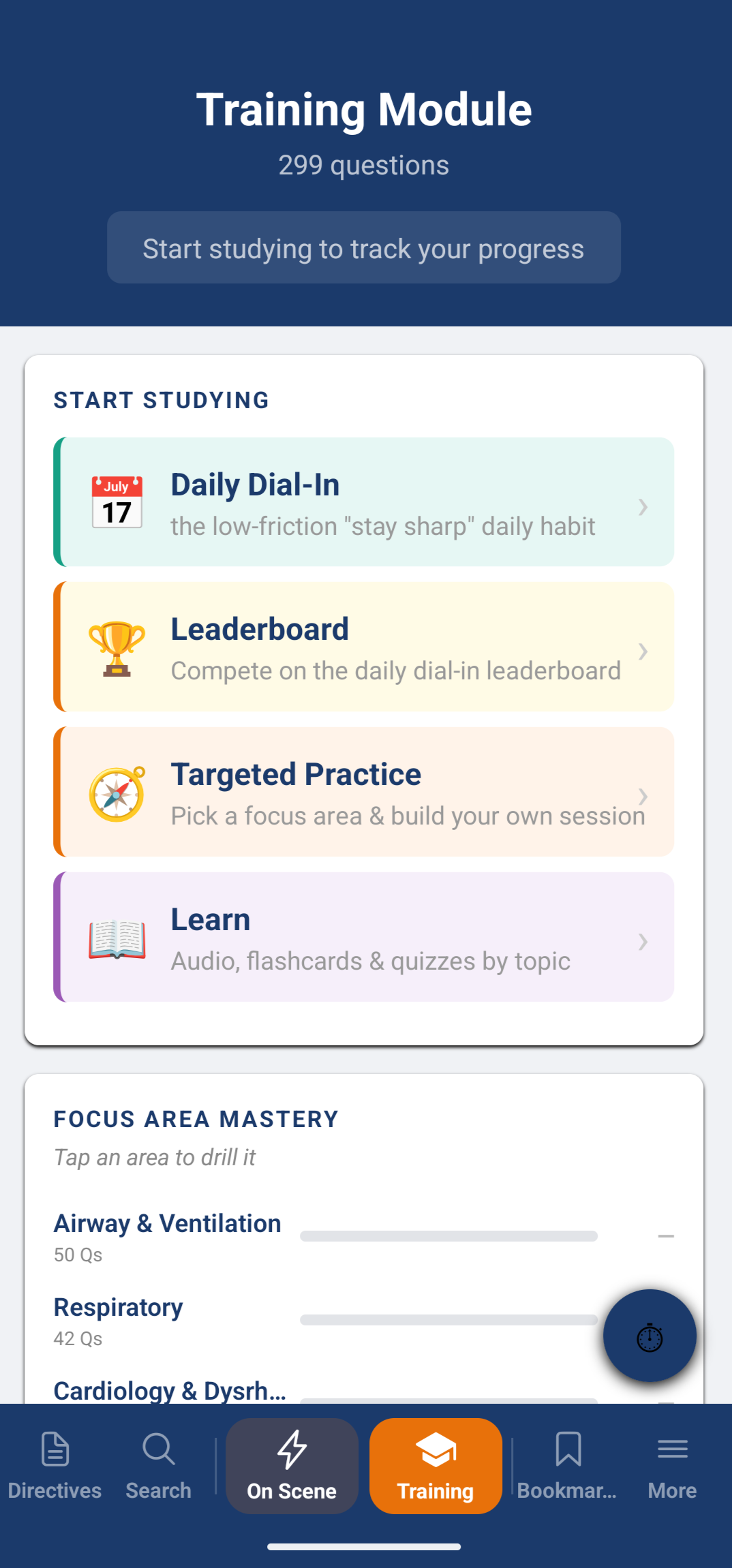 SceneWise Training Module showing 299 questions, Daily Dial-In, Leaderboard, Targeted Practice and Learn